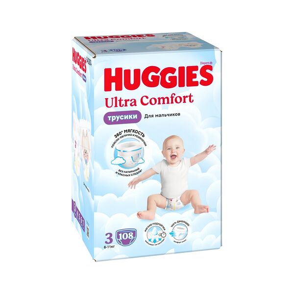 Детские одноразовые трусики-подгузники Huggies ULTRA COMFORT/Хаггис Ультра Комфорт BOY д/мальчиков Box 3 (6-11кг) 108шт