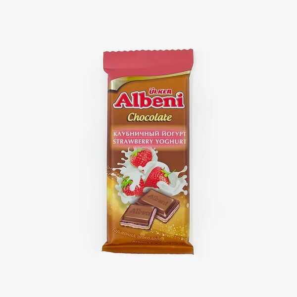  Молочный шоколад Ulker Albeni с клубнично-йогуртовым кремом, печеньем и кусочками карамели 85 г