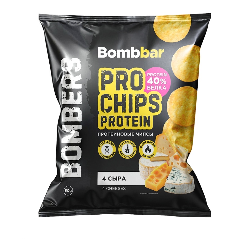

Чипсы BombBar протеиновые цельнозерновые без глютена четыре сыра 50 г