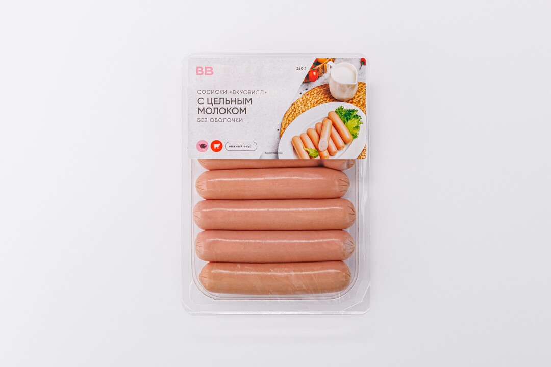 

Сосиски ВкусВилл с цельным молоком, без оболочки, 260 г