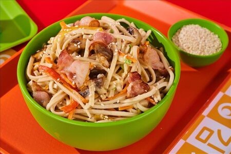 Вок с беконом и грибами в сливочном соусе