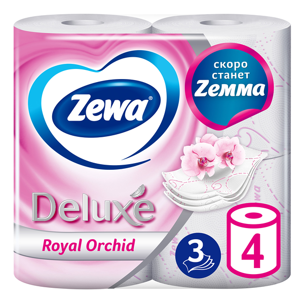 Туалетная бумага Zewa Deluxe Орхидея, 3 слоя, 4 рулона