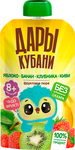 

Пюре фруктовое Дары Кубани из яблок, бананов, клубники и киви 90 г