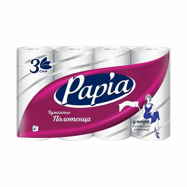 Бумажные полотенца, Papia, 3 слоя, 4 рулона