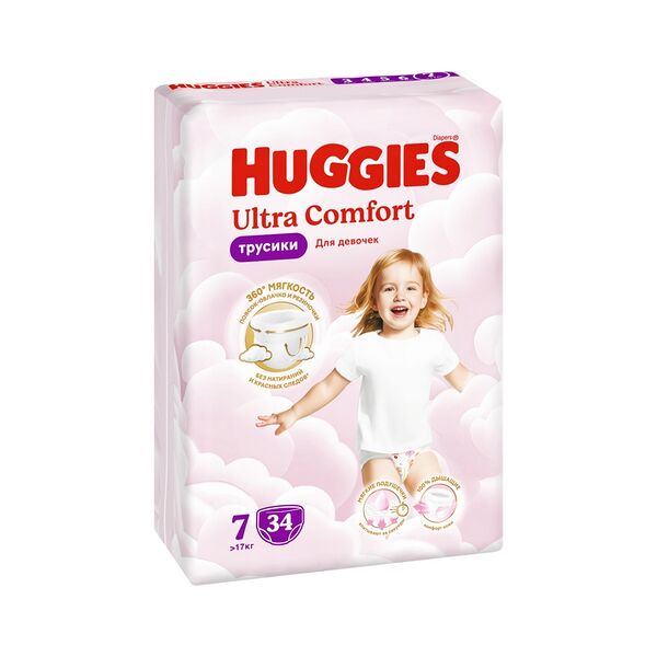 Трусики-подгузники детские однораз Huggies Ультра Комфорт д/девочек Mega 7 (>17кг) 34шт