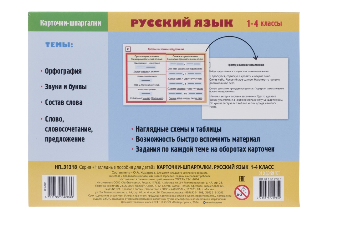 

Карточки-шпаргалки Hatber Русский язык 1-4 класс 32 карточки