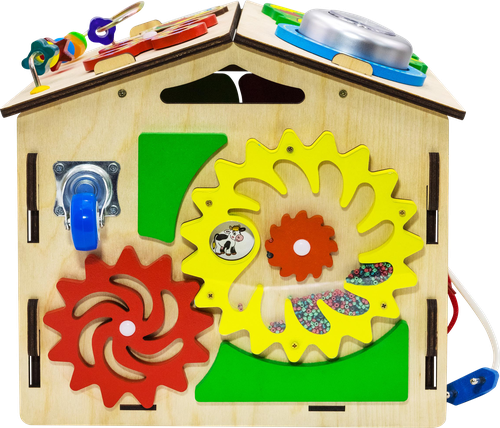 

Бизидом Умняша Alatoys Развивающий домик-конструктор с замочками, лабиринтами и механизмами для малышей