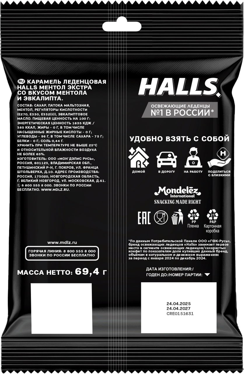 

Леденцы Halls Ментол экстра 69.4 г