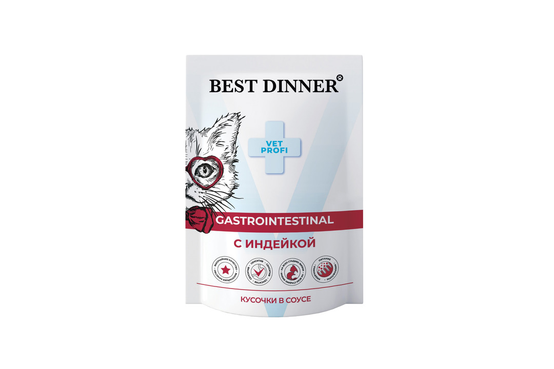

Корм для кошек Best Dinner Vet Profi Gastrointestinal при болезнях ЖКТ кусочки в соусе с индейкой 85 г