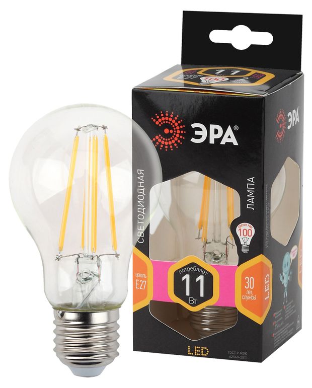 

Лампа светодиодная ЭРА F-LED A60, E27, 11Вт,груша, филамент, теплый белый свет Арт. Б0035025