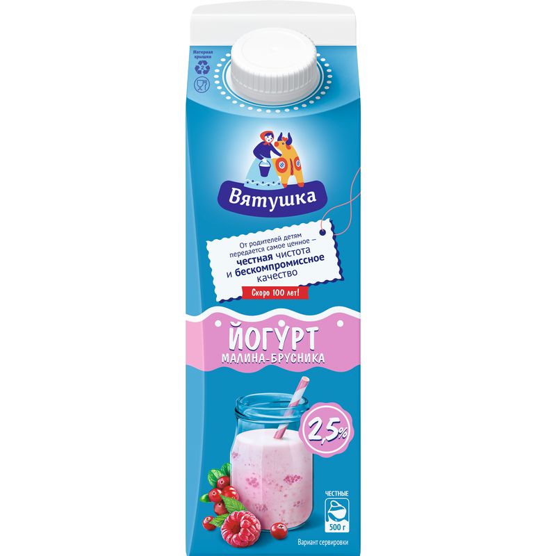 

Йогурт Вятушка питьевой малина-брусника 2.5% тетрапак 500 г