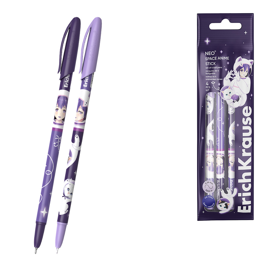 

Набор ручек ErichKrause Neo Stick Space Anime шариковых синих, 4шт
