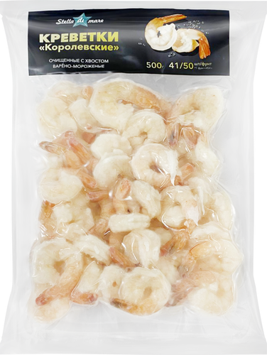 

Креветки Королевские варено-мороженые Stella di Mare очищенные с хвостом 41/50 500 г