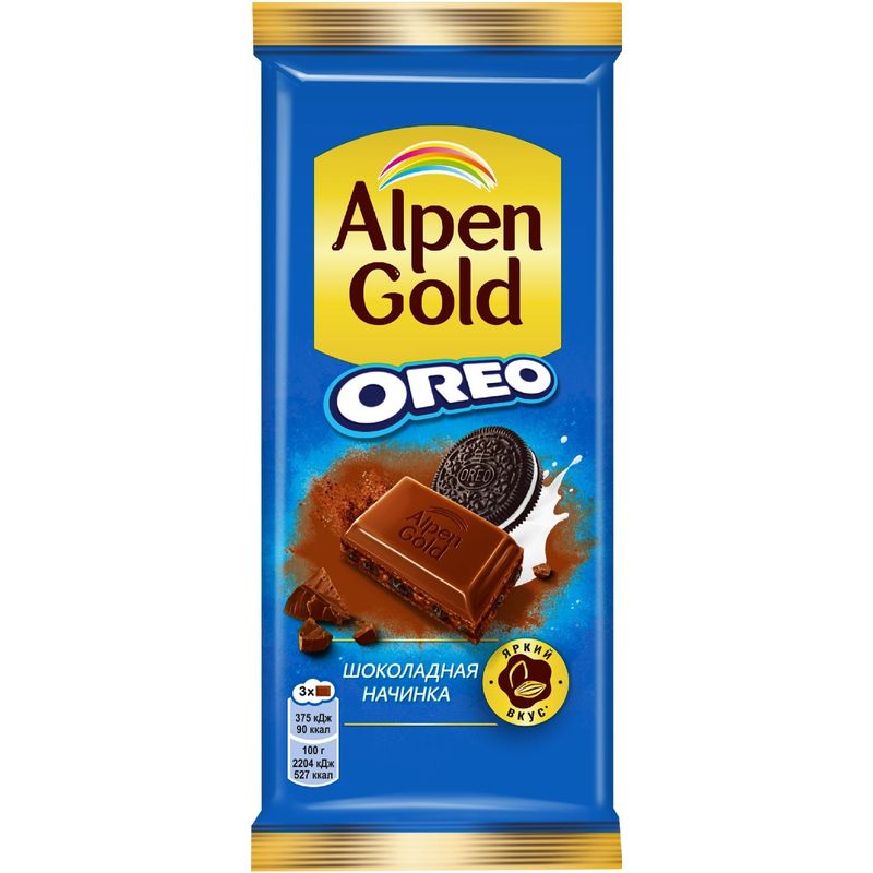 

Шоколад молочный Alpen Gold с шоколадной начинкой и кусочками печенья Оreo 85 г