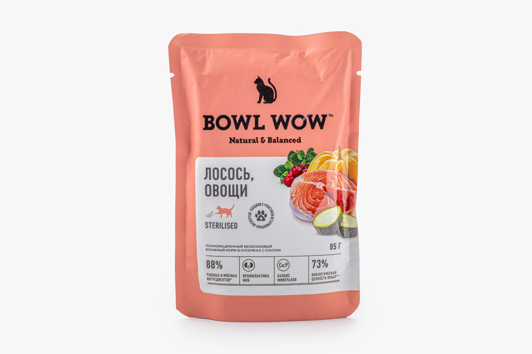 

Влажный корм Bowl Wow для стерилизованных кошек кусочки в соусе лосось и овощи 85 г