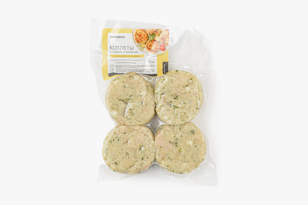 

Котлеты ВкусВилл из мяса цыпленка-бройлера с сыром и зеленью заморозка 360 г