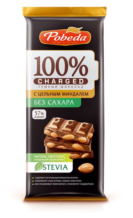 

Шоколад тёмный Победа с цельным миндалём без сахара 90 г