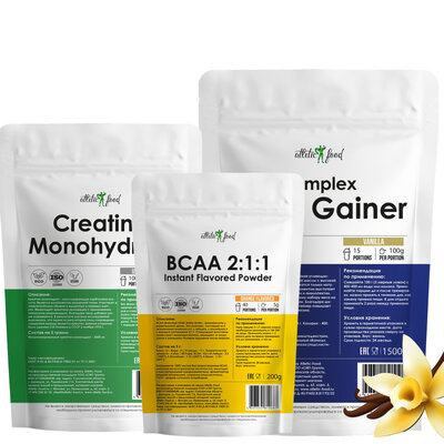 Atletic Food набор: Креатина Моногидрат (Creatine Monohydrate) порошок нейтральный 500 г, БЦАА 2:1:1 (BCAA 2:1:1) порошок апельсин 200 г, Комплексный гейнер для увеличения массы (Complex Mass Gainer) порошок ваниль 1500 г           