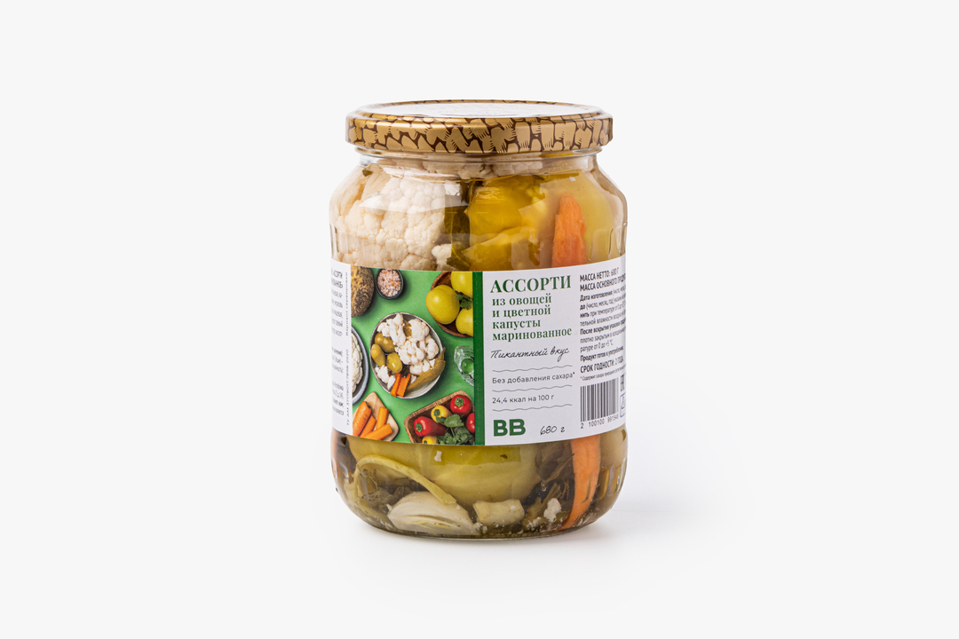 

Ассорти ВкусВилл из овощей и цветной капусты маринованное острое 680 г