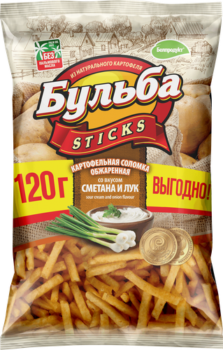

Чипсы картофельные Бульба Sticks Соломка из цельного картофеля сметана и лук 120 г