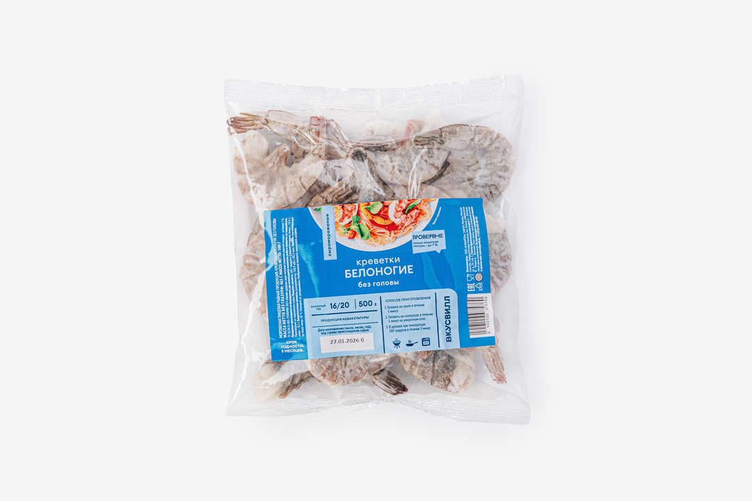 

Креветки белоногие ВкусВилл без головы свежемороженные 16/20 500 г