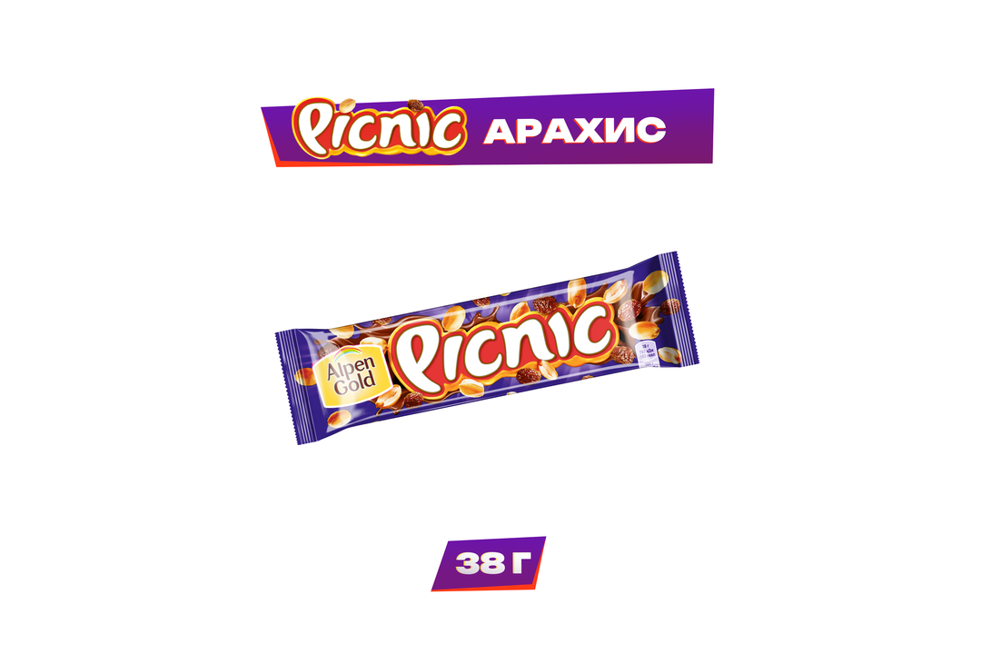 

Батончик шоколадный Picnic с арахисом изюмом мягкой карамелью 38 г