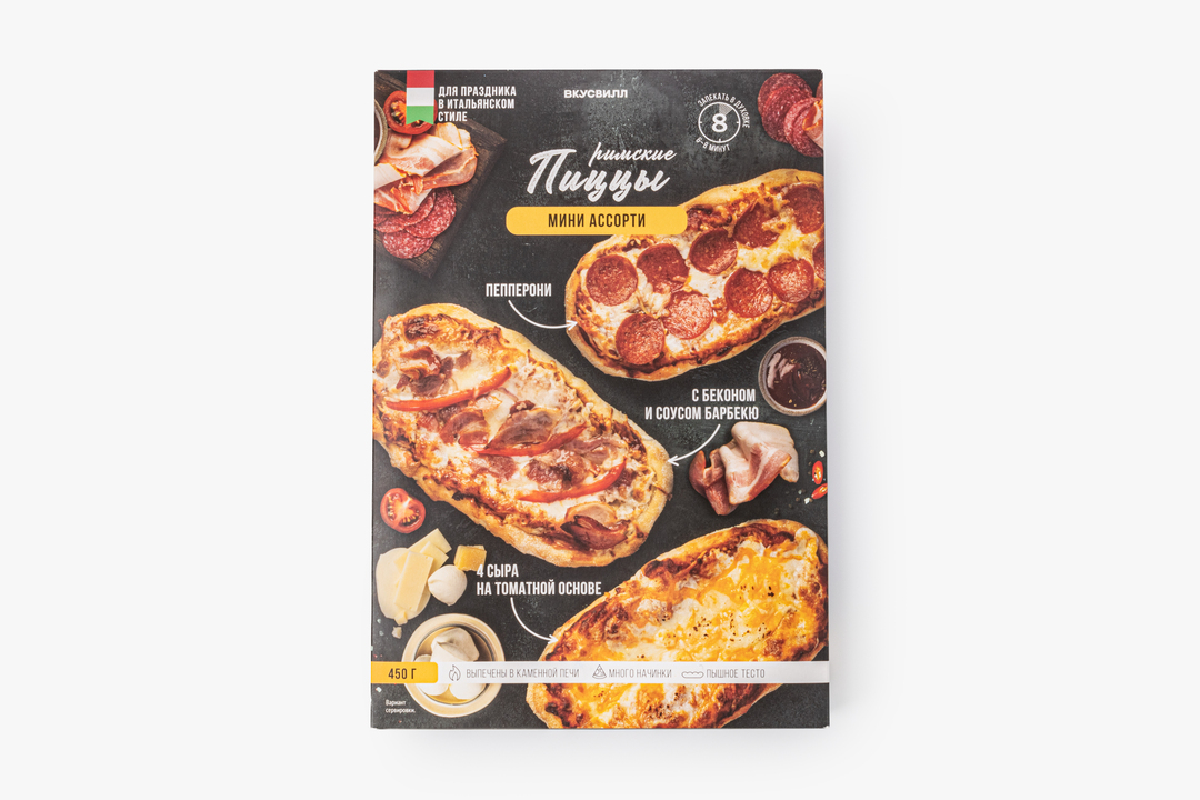 

Пиццы римские мини Пепперони 4 сыра на томатной основе с беконом и соусом барбекю 450 г