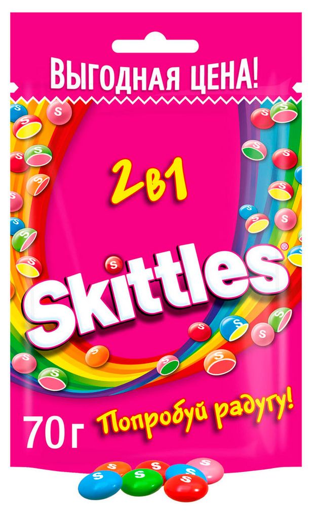 

Драже Skittles 2 в 1 в разноцветной сахарной глазури 70 г