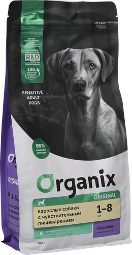 

Полнорационный сухой корм Organix Adult Sensitive Dog Turkey для взрослых собак с индейкой, фруктами и овощами для чувствительного пищеварения 800 г