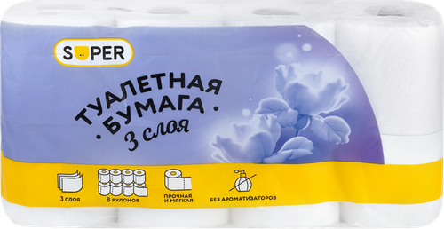 

Бумага туалетная Super 3-слоя белая 15.6 м 8 шт.