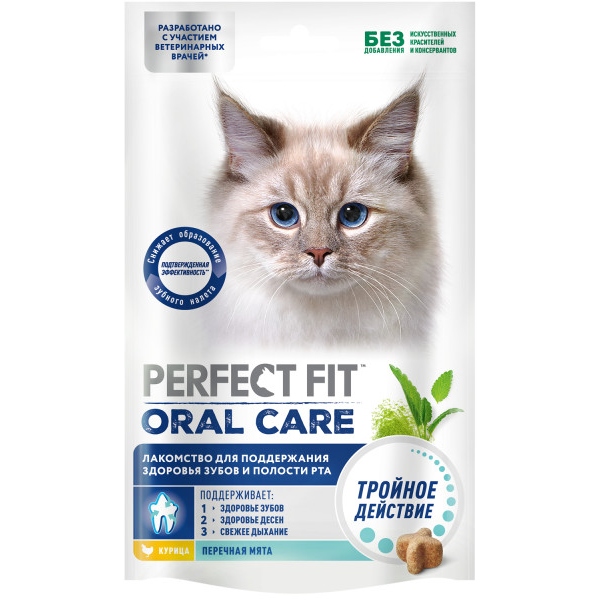 

Лакомство для кошек Perfect Fit с курицей и мятой для здоровья зубов и полости рта 50 г