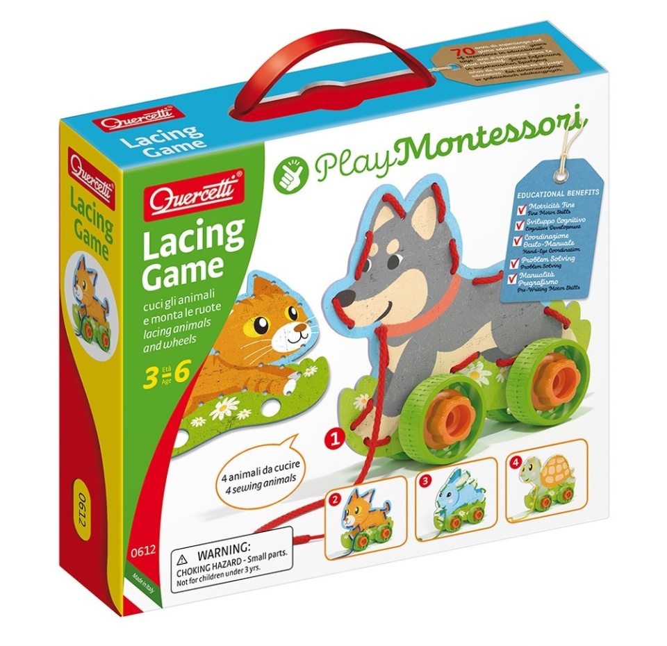 

Игрушка-шнуровка «Животные» развивающая на колёсах 4+, Quercetti, 1 шт.