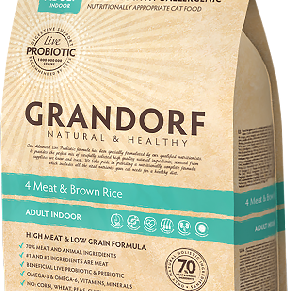 Корм сухой для кошек GRANDORF Probiotic Indoor 4 мяса с рисом и пробиотиками, 400г