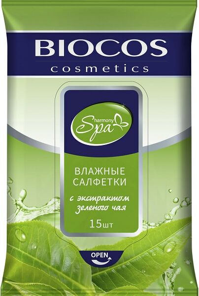 Салфетки влажные Biocos Spa harmony с экстрактом зеленого чая 15шт