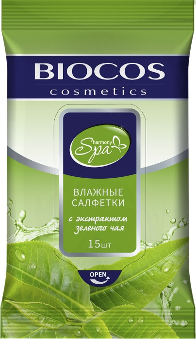 

Влажные салфетки очищающие Biocos Spa harmony с экстрактом зеленого чая, 15 шт