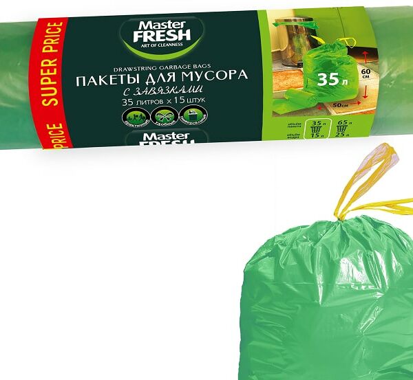 Пакеты для мусора Master Fresh с завязками зеленые 35л 15шт