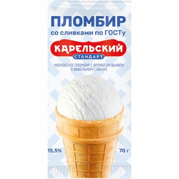 Пломбир Карельский Стандарт с ароматом ванили в вафельном стаканчике 15.5%