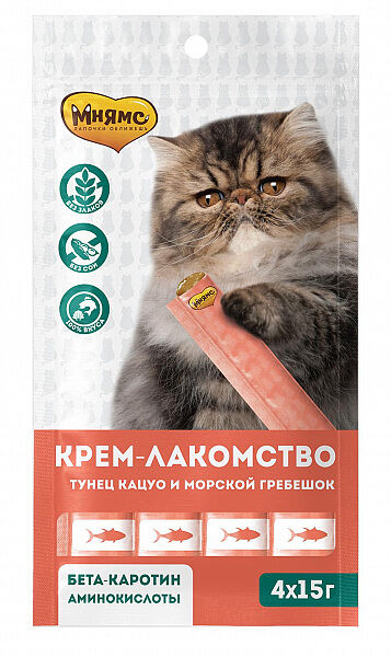 Мнямс Крем-лакомство для кошек Тунец Кацуо и Морской гребешок, 15 г. х 4 шт.