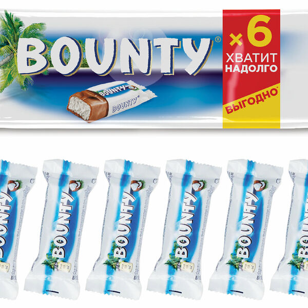 Bounty шоколадный батончик с нежной мякотью кокоса, пачка 6шт по 27,5г