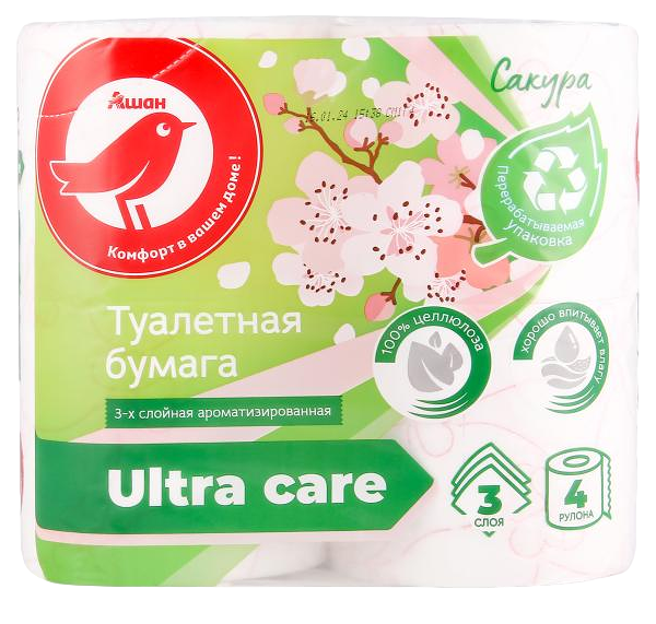 Туалетная бумага Ашан Красная птица Сакура 3 слоя, 4 рулона