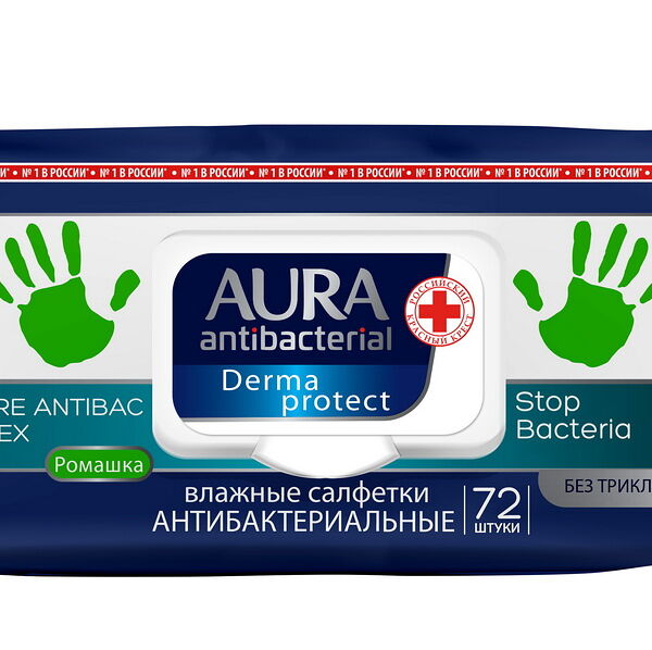 AURA Влажные салфетки антибактериальные Derma Protect РОМАШКА big-pack с крышкой 72шт КК/12