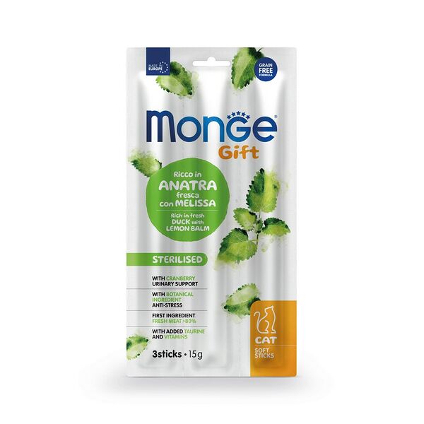 Лакомство для кошек MONGE Gift Sterilised Мягк.палочки для стерил., св.утка,мелисса лек.и клюква