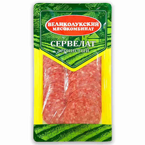 Колбаса варёно-копчёная Великолукский мясокомбинат сервелат Зернистый, нарезка