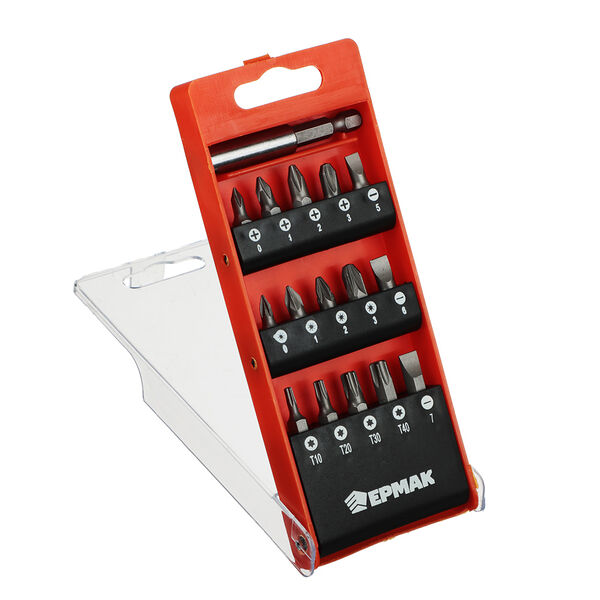 Ермак биты с держателем, 15 шт., в пласт. кейсе, 25 мм, ph0, 1, 2, 3, pz0, 1, 2, 3 , sl5, 6, 7,  t10