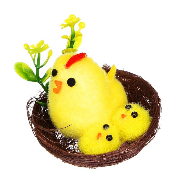 Декор пасхальный в виде курочек в гнезде, 5x4,5 см, полиэстер, пенопласт, пластик, сизаль, картон