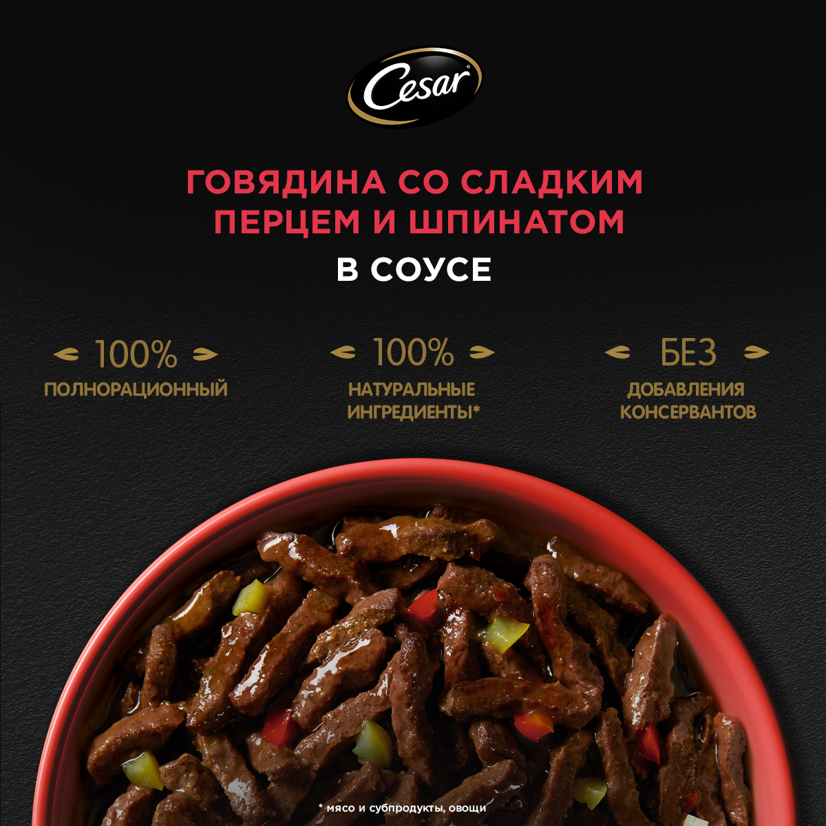 

Влажный корм Cesar Natural Goodness для собак, с говядиной, паприкой, шпинатом в соусе 80 г