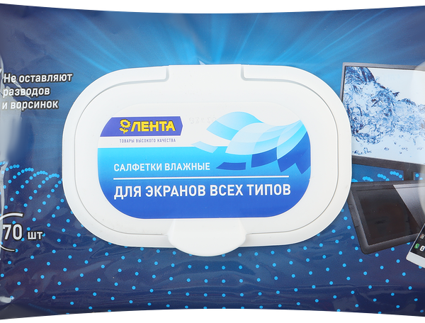 Салфетки влажные ЛЕНТА для экранов всех типов, 70шт