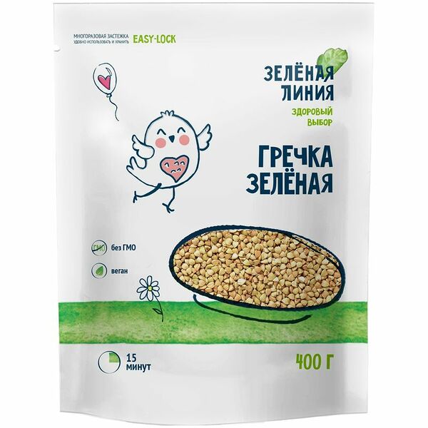Гречка зелёная ядрица 1 сорт Зелёная Линия, 400г