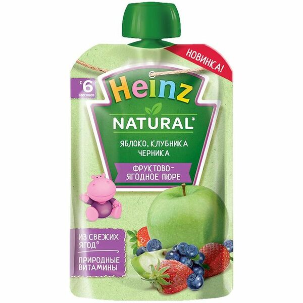 Пюре Heinz фруктовое яблоко клубника черника, 90г