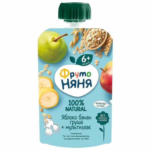 Пюре ФрутоНяня из яблок-бананов-груш со злаками с 6 месяцев, 90г